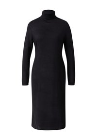 Schwarz langärmliges, knielanges Strickkleid mit figurnahem Schnitt und hohem Rollkragen.