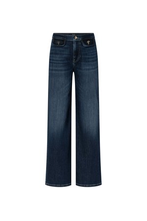 Dunkelblaue Jeans mit weitem Bein, vordere Klappentaschen mit kleinen gestickten Motiven und Knopfverschluss in der Taille.