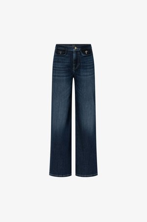 Dunkelblaue Jeans mit weitem Bein, vordere Klappentaschen mit kleinen gestickten Motiven und Knopfverschluss in der Taille.