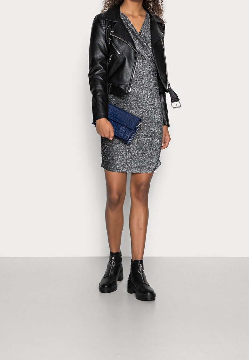 cocktail dress with leather jacket Faux Leather Zip-Front Midi Dress | Built-In Shapewear