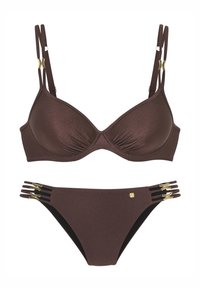 Hnědý set bikinek s třpytivou texturou. Horní díl má nastavitelné ramínka se zlatým kováním; spodní díl obsahuje boční doplňky se třemi pásky.