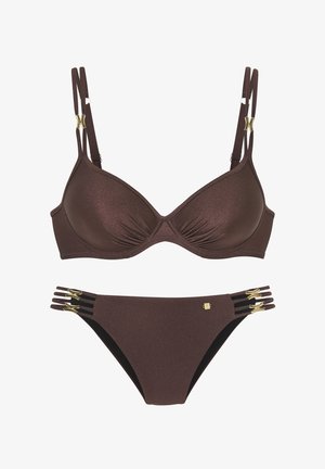Pruun bikini komplekt, millel on sädelev tekstuur. Ülapool on reguleeritavad rihmad kuldsete detailidega; allpool on külgedel aksendid kolme rihmaga.