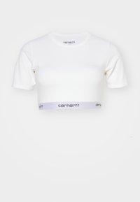 T-shirt blanc court en coton, avec des manches courtes et un col rond. L'ourlet inférieur présente un logo Carhartt gris.