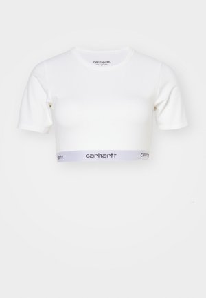 T-shirt blanc court en coton, avec des manches courtes et un col rond. L'ourlet inférieur présente un logo Carhartt gris.