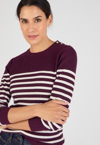 Gebreid pullover sweater in donkerpaars met witte horizontale strepen. Heeft een geribbelde textuur en gouden knopen op de schouder voor detail.