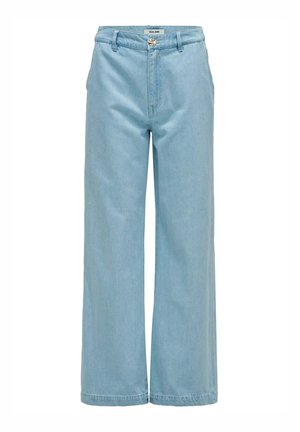 Hellblaue, hochtaillierte, weit geschnittene Jeans mit Gürtelschlaufen und vorderer Knopfleiste.