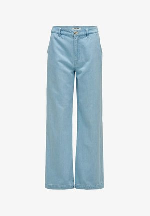 Hellblaue, hochtaillierte, weit geschnittene Jeans mit Gürtelschlaufen und vorderer Knopfleiste.