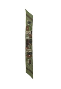 Long green scarf with brown stripe and pattern featuring various small handbags in brown, black, and green tones.