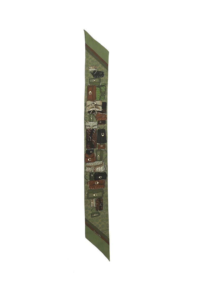 Long green scarf with brown stripe and pattern featuring various small handbags in brown, black, and green tones.