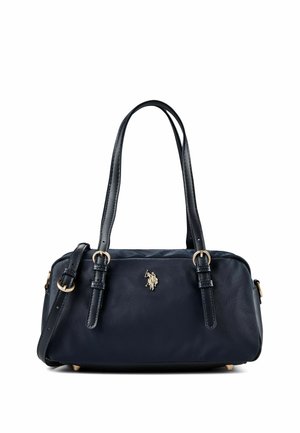 Bolso rectangular azul marino con doble asa, correa de hombro ajustable, hebillas doradas y un pequeño logo dorado de jinete a caballo en el centro.