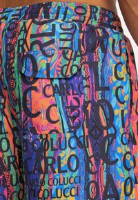 Swim shorts in a vibrant multicolored pattern with black text. Made of lightweight material, featuring an elastic waistband and a side pocket.