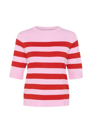 Pull en tricot à manches courtes avec des rayures horizontales rouge et rose clair, col rond et texture lisse. Convient pour un usage décontracté.