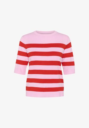 Kurzärmliger Strickpullover mit horizontalen roten und hellrosa Streifen, Rundhalsausschnitt und glatter Textur. Geeignet für Freizeitkleidung.
