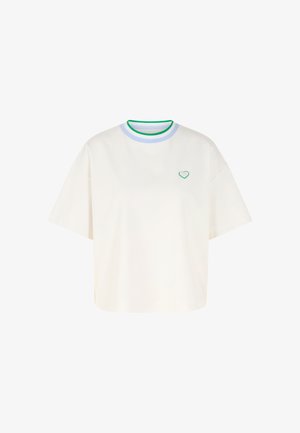 White cotton t-shirt with a loose fit, round multicolored neckline (green, blue), and a small green heart embroidered on the chest.