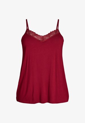 Czerwony damski top na cienkich ramiączkach bez rękawów, z koronką wzdłuż dekoltu w kształcie litery V na białym tle.
