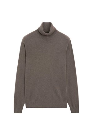 Maglione dolcevita marrone realizzato in un tessuto morbido, con maniche lunghe e collo aderente, progettato con una texture liscia e dettagli minimi.