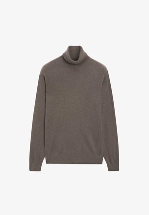 Brown turtleneck sweater made of soft fabric, featuring long sleeves and a fitted neck, designed with a smooth texture and minimal detail.