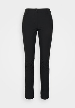 Schwarze Slim-Fit-Hose mit Knopf- und Reißverschluss, seitlichen Reißverschlusstaschen und Gürtelschlaufen am Bund.