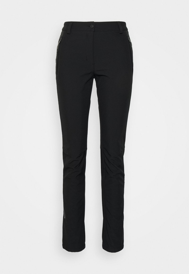 Pantalon noir slim avec fermeture par bouton et zip, poches latérales zippées et passants de ceinture à la taille.