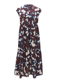 Robe midi sans manches avec taille froncée, encolure ronde et motif floral abstrait dans des tons marron, bleu et blanc.
