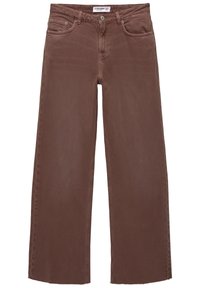 Jean large marron en coton. Doté d'une fermeture à bouton, de poches avant et d'un ourlet légèrement effiloché. Texture lisse.