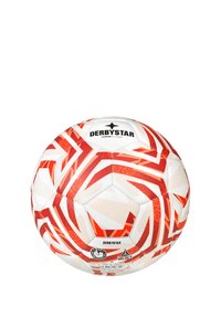 Derbystar Junior S-Light Fußball, mit einer weißen Oberfläche und roten geometrischen Mustern, strukturierten Panels und schwarzer Markenkennzeichnung. Runde Form.