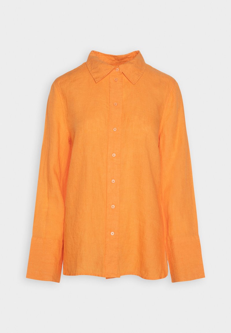 Oranges Leinenhemd mit langen Ärmeln, spitzem Kragen, Knopfleiste und geknöpften Ärmeln. Glatte Textur und lockere Passform.