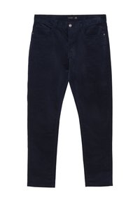 Pantalon en velours côtelé bleu marine à coupe droite, avec poches avant, fermeture à bouton et texture à côtes verticales subtiles.