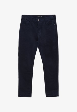 Pantalon en velours côtelé bleu marine à coupe droite, avec poches avant, fermeture à bouton et texture à côtes verticales subtiles.