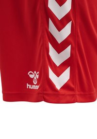Pantalones cortos deportivos rojos de tejido suave, con patrones de chevron blancos a lo largo del costado y un pequeño logo en el dobladillo.