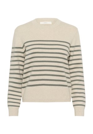 Beige sweater with horizontal light gray stripes, round neckline, ribbed cuffs, and hem. Made from soft, textured material. Classic design.