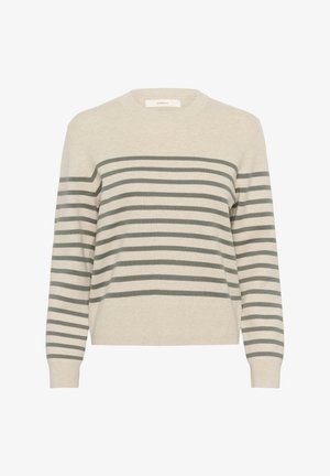 Beženi džemper s horizontalnim svjetlosivim prugama, okruglim izrezom, rebrastim manžetama i donjim rubom. Izrađen od mekanog, teksturiranog materijala. Klasičan dizajn.
