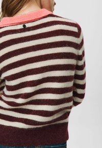 Frau, die einen kastanienbraunen und weißen gestreiften, flauschigen Pullover mit einem rosa Kragen trägt, von hinten gezeigt, vor einem schlichten hellen Hintergrund.