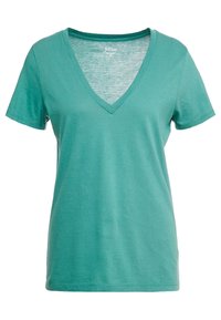 T-shirt da donna corta a maniche, in cotone, di colore teal, taglia piccola, con texture liscia e cuciture lungo l'orlo e le maniche.