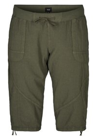 Pantaloni corti verde oliva realizzati in tessuto testurizzato, con vita regolabile tramite lacci, due tasche laterali e dettagli di cucitura curva.