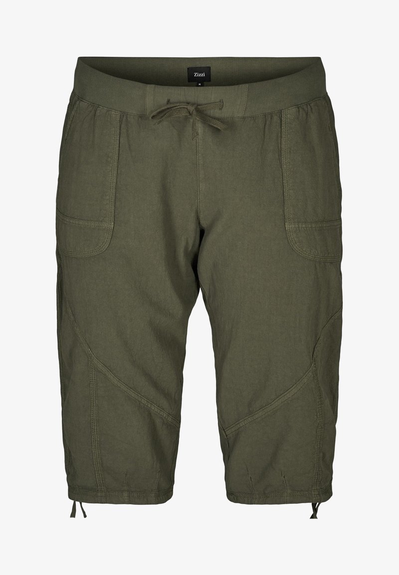 Olivově zelené šortky vyrobené z texturované látky, s elastickým pasem na šňůrku, dvěma bočními kapsami a zakřivenými švy.