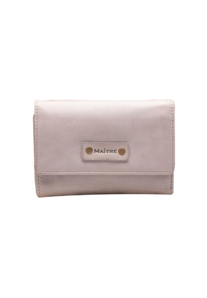 Portafoglio in pelle leggermente rosa, di forma rettangolare, con chiusura a scatto anteriore e logo impresso con due borchie in bronzo.