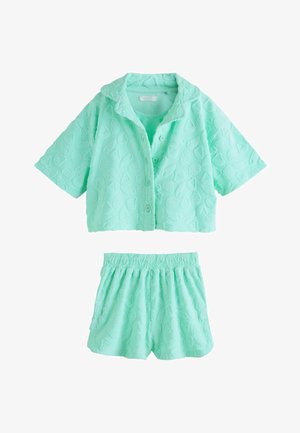Chemise vert menthe à manches courtes boutonnée et short assorti à taille élastique avec motif papillon texturé.