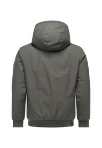 Mørkegrå jakke med hætte, tekstureret stof, elastiske manchetter og kant, der har et enkelt, strømlinet design uden synlige lukninger.