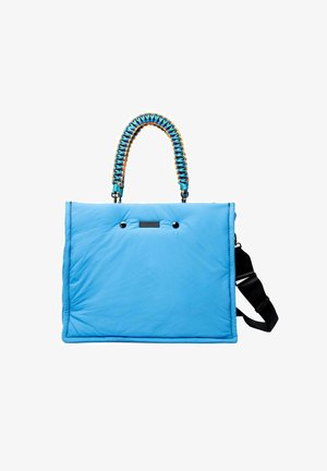 Blauwe gevoerde draagtas met een geweven handvat in turquoise en oranje, voorzien van twee oogjes en een verstelbare schouderriem.