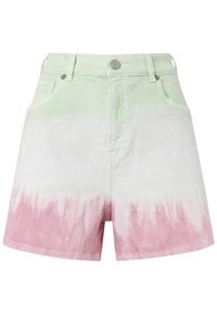 Pantalones cortos de mezclilla con un patrón tie-dye con un degradado de verde claro en la parte superior a rosa en la parte inferior, diseño de cinco bolsillos y botón de metal.
