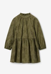 Langärmliges olivgrünes Kleid mit hohem, rüschigem Kragen und dezentem Blumenmuster, geraffter Taille und elastischen Bündchen.