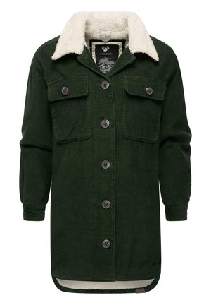 Dark green corduroy jacket featuring a soft, cream-colored shearling collar, front buttons, and two chest pockets. Long sleeves with ribbed cuffs.