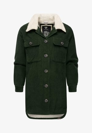 Giacca in corduroy verde scuro con un morbido colletto in shearling color crema, bottoni frontali e due tasche sul petto. Maniche lunghe con polsini a coste.