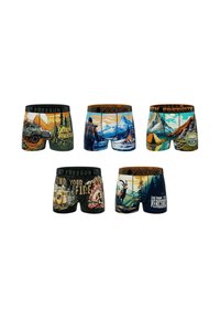 Lot de cinq boxers pour hommes avec des graphiques colorés sur le thème de l'aventure, représentant différents paysages et motifs inspirés de la nature.