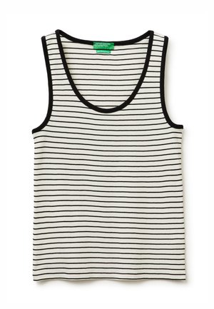 Débardeur blanc sans manches avec de fines rayures horizontales noires et un bord noir autour du col et des emmanchures.