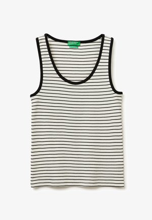 Débardeur blanc sans manches avec de fines rayures horizontales noires et un bord noir autour du col et des emmanchures.
