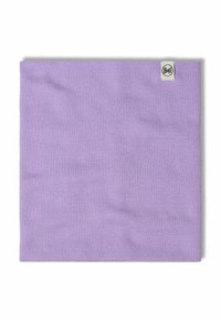 Purple Buff accessory, made from stretchy knit fabric. Features a smooth texture and a small logo tag on the side.