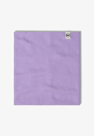 Purple Buff accessory, made from stretchy knit fabric. Features a smooth texture and a small logo tag on the side.