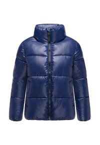 Granatowa kurtka puchowa z wysokim kołnierzem, zamkiem z przodu, ściągaczami na mankietach oraz poziomym pikowaniem, charakteryzująca się błyszczące wykończenie na zewnątrz.